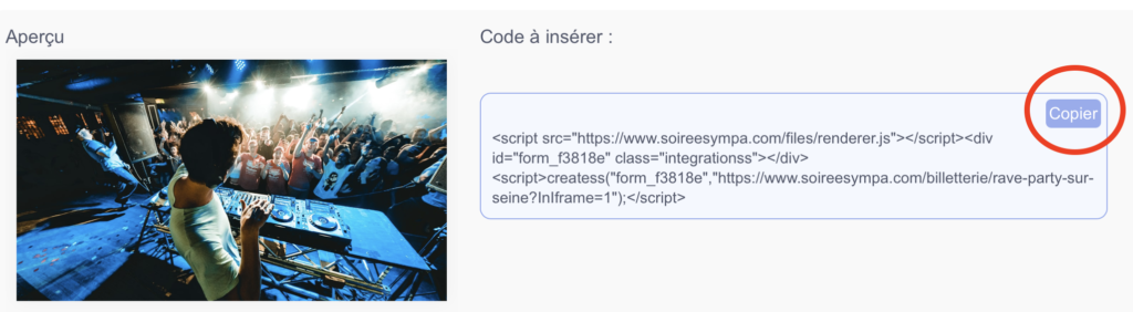 code à insérer billetterie