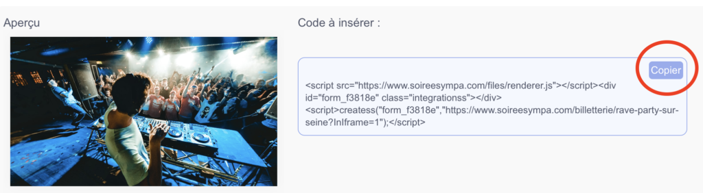 code à insérer billetterie 